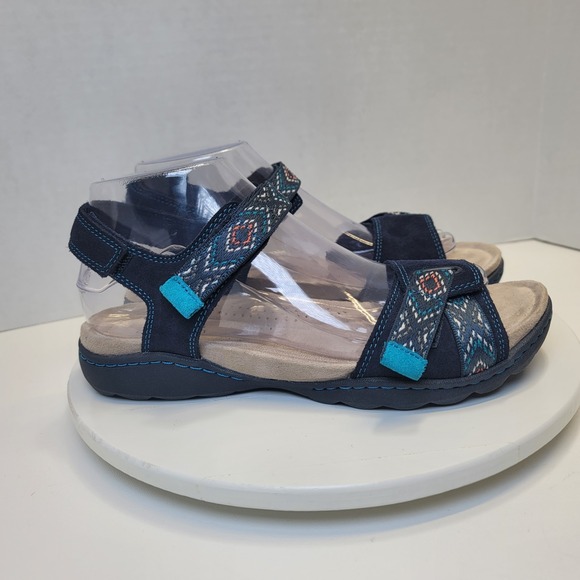 Clarks Flats Sandal Shoes Amanda Sprint Blue Suede Comfort Sporty Strap - Picture 4 of 14